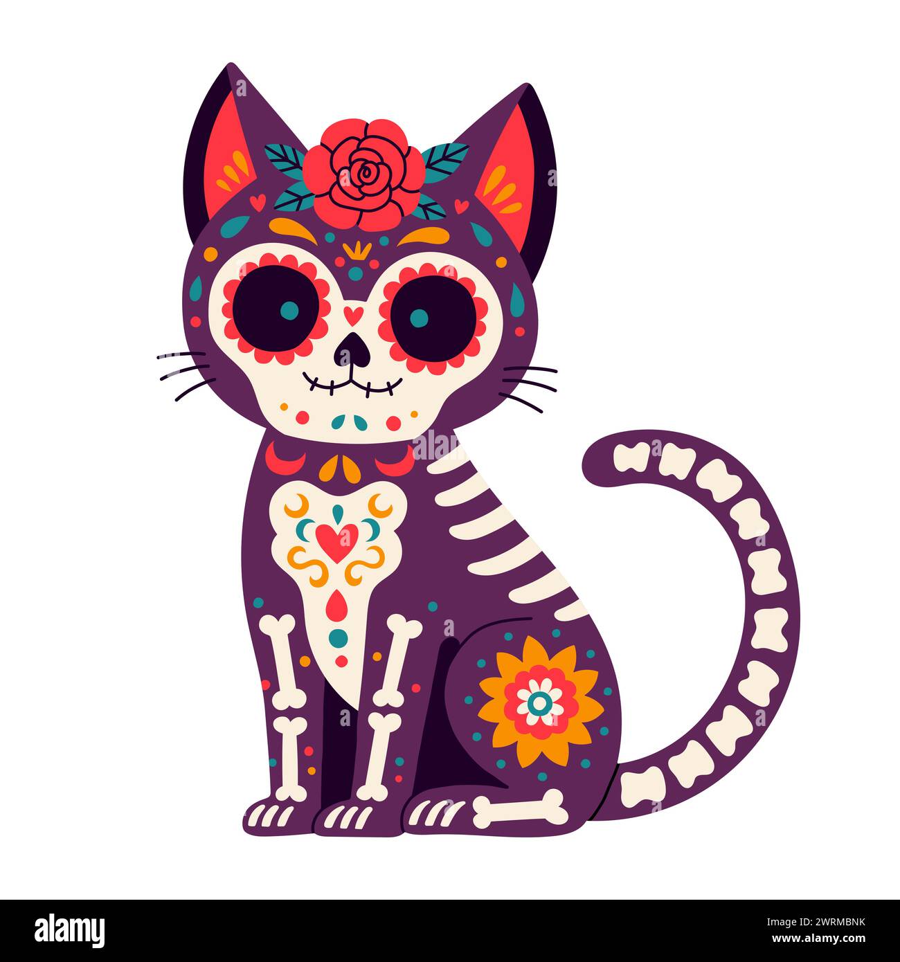 Giorno dei morti, dia de los muertos, teschio di gatto e scheletro decorato con coloratissimi elementi messicani e fiori. Illustrazione Vettoriale