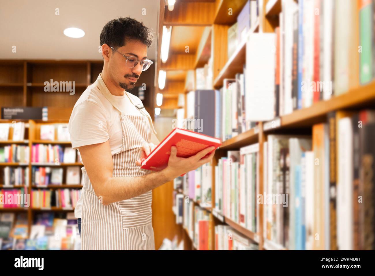 Un giovane con gli occhiali legge intensamente un libro mentre si trova in una sala della biblioteca, circondato da scaffali pieni di titoli diversi. Foto Stock