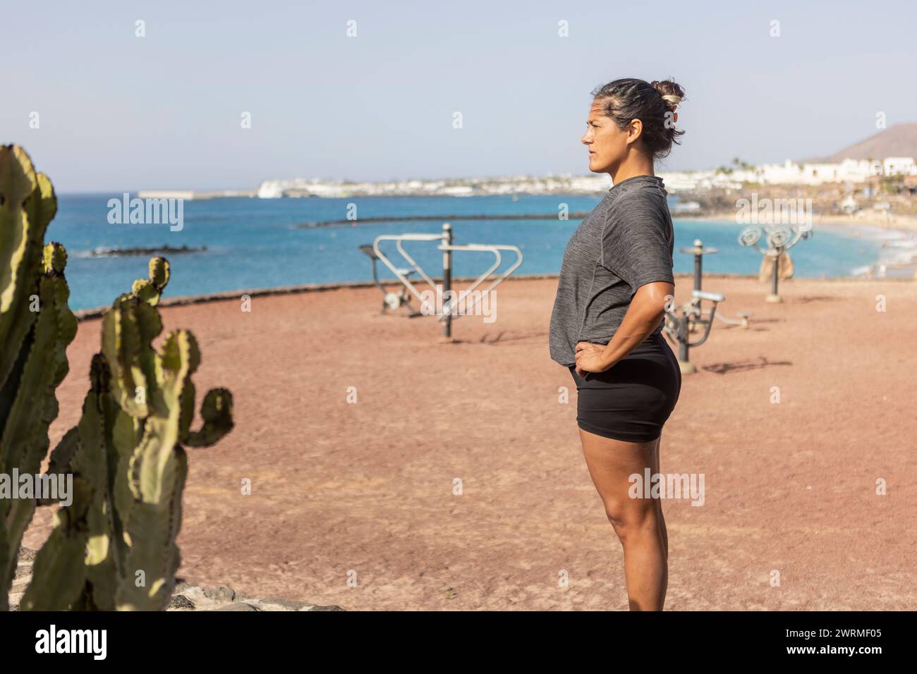 La vista laterale della donna in abiti da ginnastica si affaccia sul mare, con attrezzature da palestra all'aperto sullo sfondo che contemplano la vista. Foto Stock