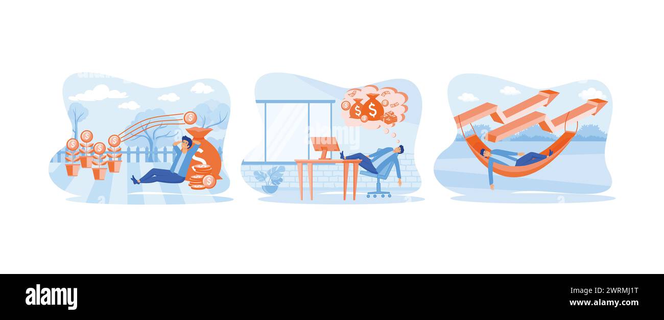 Il reddito passivo guadagna denaro mentre dorme, gli investitori imprenditoriali pensano al guadagno monetario o al reddito da investimento, investono in fondi comuni di investimento o in altre forme Illustrazione Vettoriale