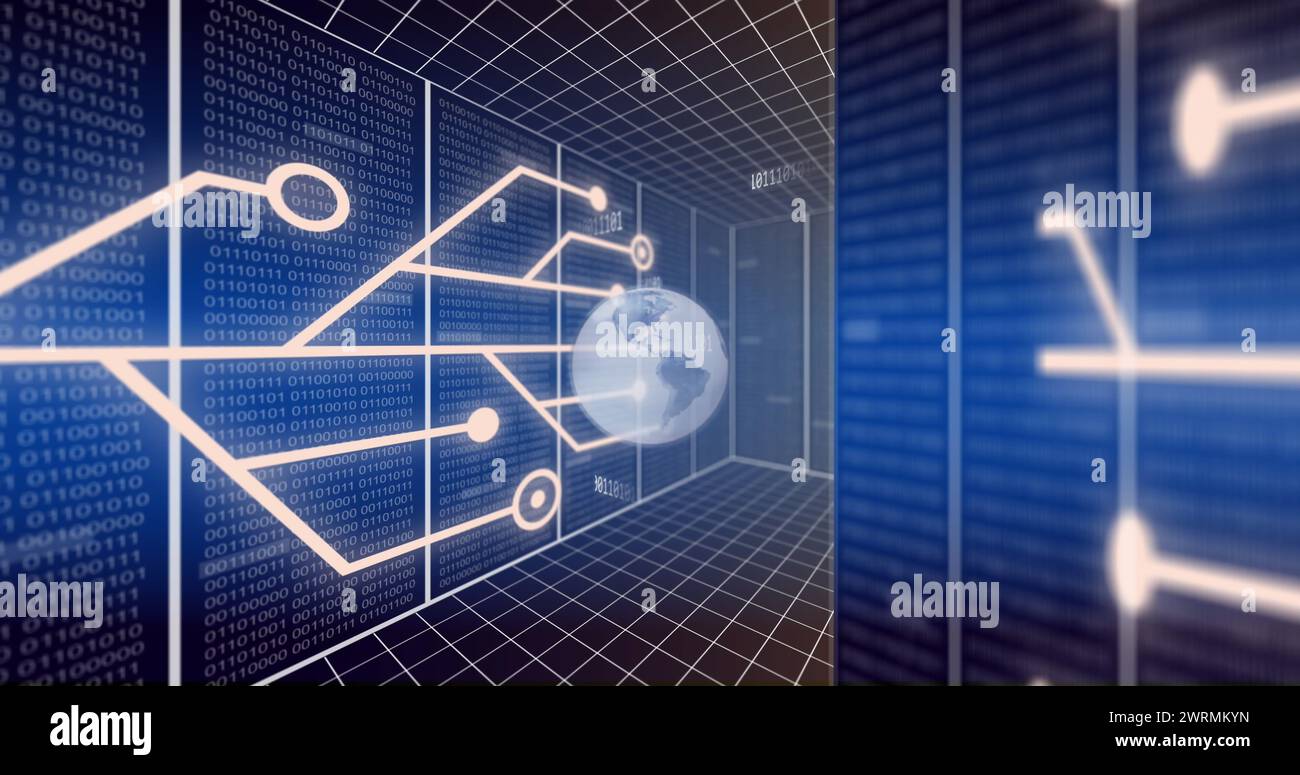 Immagine del globo e dell'elaborazione dei dati su server informatici Foto Stock