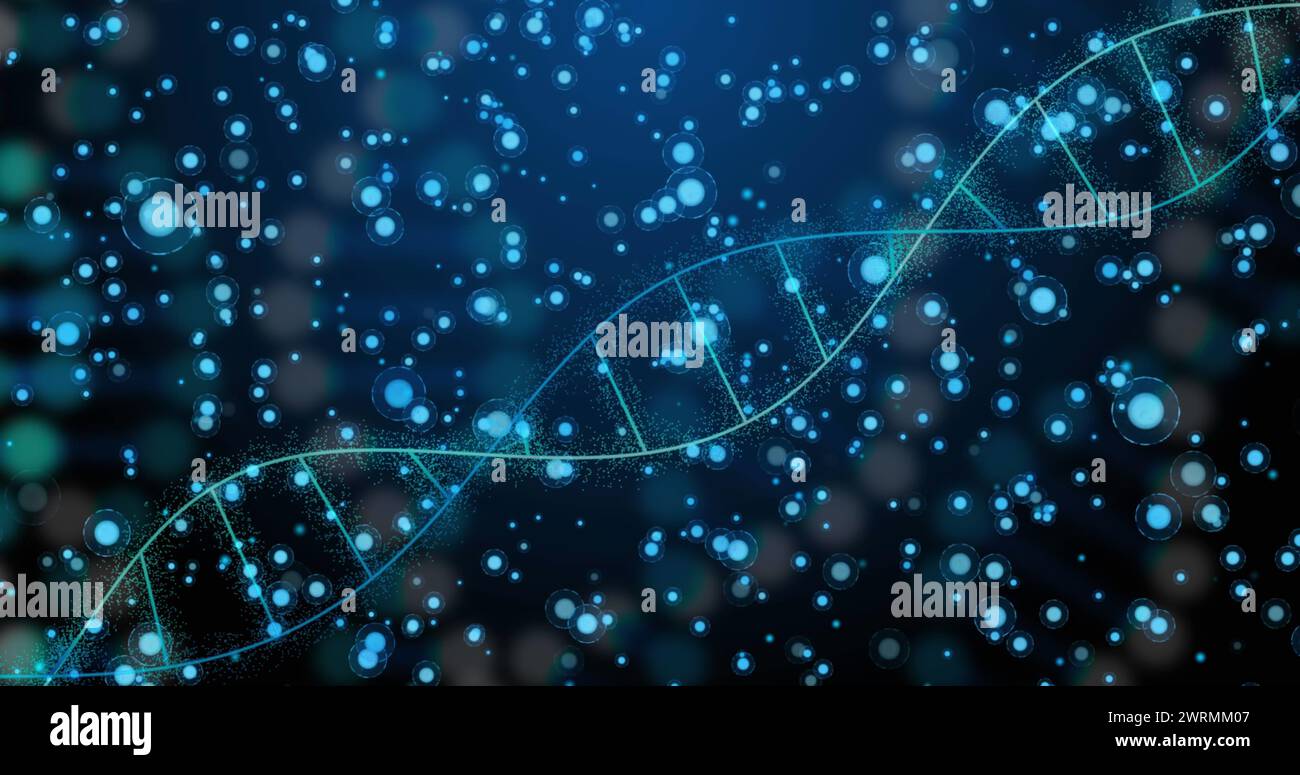 Immagine del dna su punti su sfondo blu Foto Stock