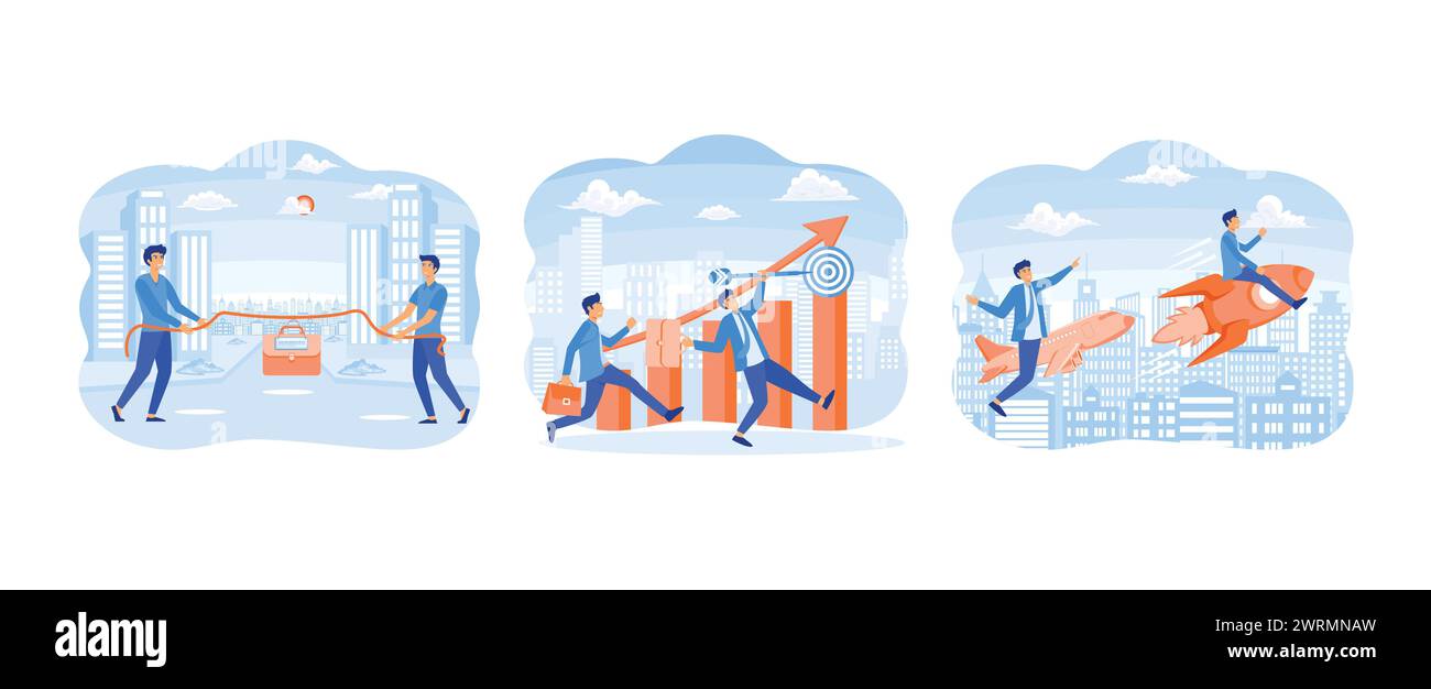 Spirito di concorrenza imprenditoriale nel business, imprenditore vettoriale competitivo con business sul grafico target, leadership per vincere la concorrenza aziendale. BU Illustrazione Vettoriale