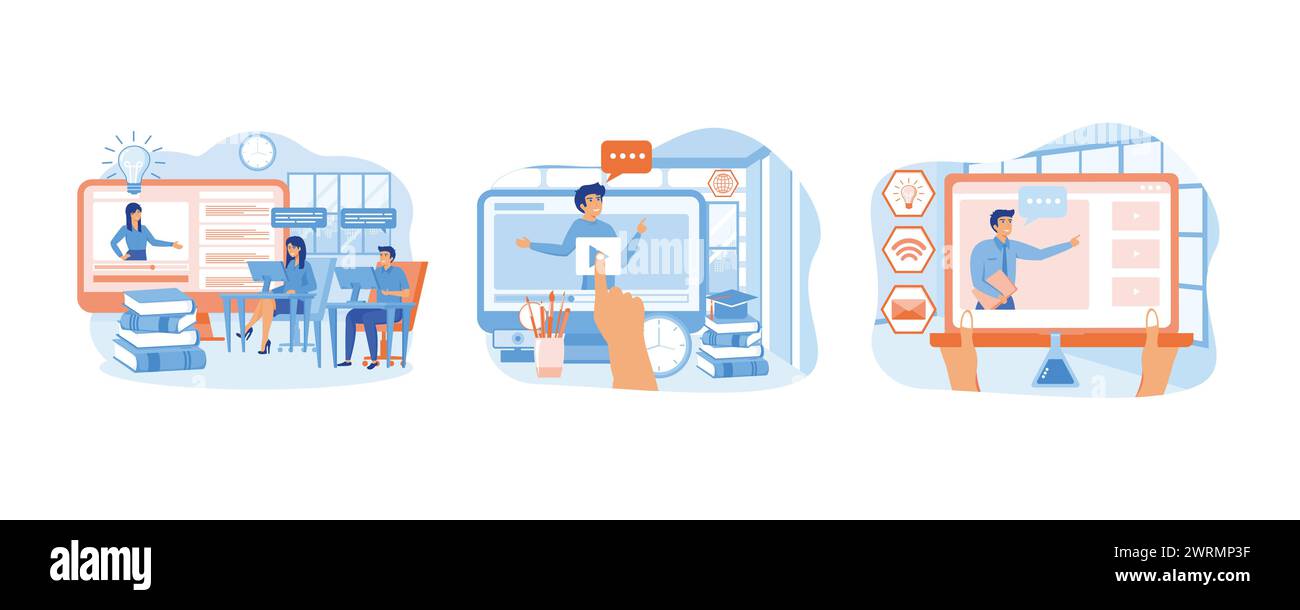 Corsi di formazione online. Uomo d'affari che tocca lo schermo con i mezzi di comunicazione. Social media per l'istruzione online. impostare l'illustrazione moderna del vettore piatto Illustrazione Vettoriale
