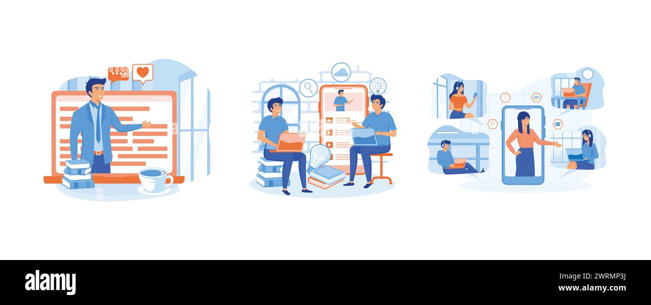 Concetto di formazione online. Podcast tutorial e coaching aziendale. Sorridere le persone che usano le cuffie per una videochiamata. imposta la moderna illustrazione vettoriale piatta Illustrazione Vettoriale