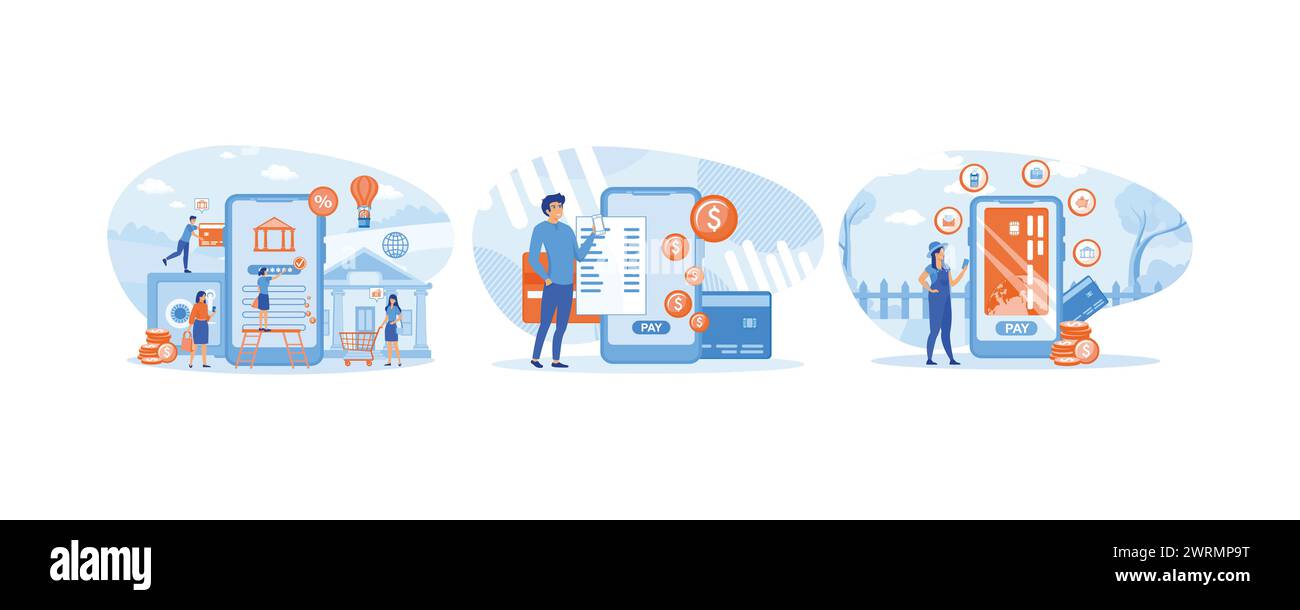 Mobile banking e gestione finanziaria. L'Internet banking paga le bollette online utilizzando il tuo telefono cellulare. Mano femminile che tiene in mano un telefono con diversi tipi di Illustrazione Vettoriale