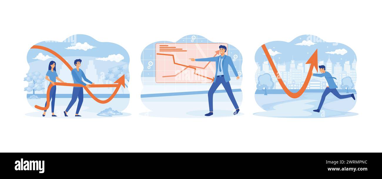 Concetto di fallimento. Problemi di recessione economica. Il team degli uomini d'affari aumenta riduce il diagramma del grafico aziendale. impostare l'illustrazione moderna del vettore piatto Illustrazione Vettoriale