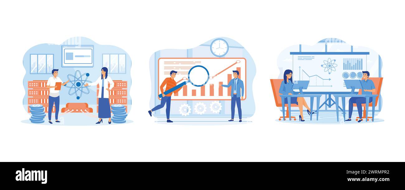 Concetto di Data Science. Analisi delle persone elaborazione e fornitura di dati ricerca. Visualizer e Analyst che lavorano su un progetto. Imposta i vettoriale piatto moderno Illustrazione Vettoriale