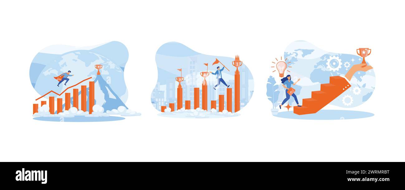 Uomo d'affari che salta dal grafico al goal. Un'idea di business. Ispirazione per il successo. Impostare l'illustrazione moderna del vettore piatto Illustrazione Vettoriale