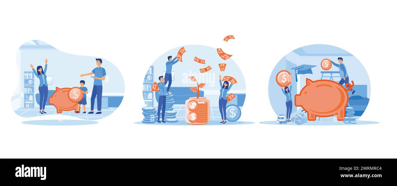 Padre e madre insegnano ai bambini a risparmiare denaro. Risparmiare denaro nel salvadanaio depositando entrate e contanti in deposito. Uomo che mette la moneta nel salvadanaio Illustrazione Vettoriale