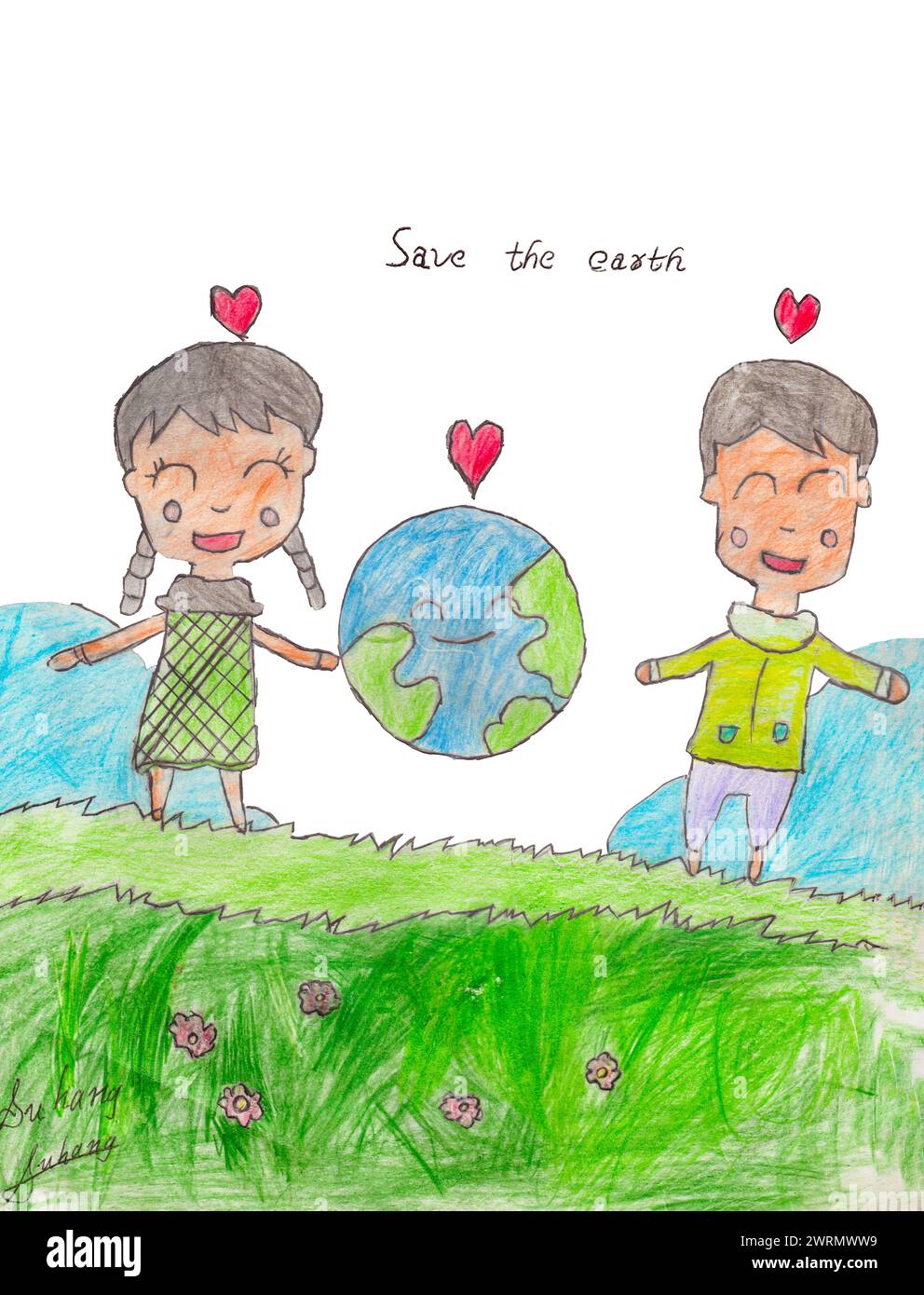 Crayon Childish Drawing for World Environment Earth Day Theme No Plastic, Grow Trees, Save Planet Foto Stock