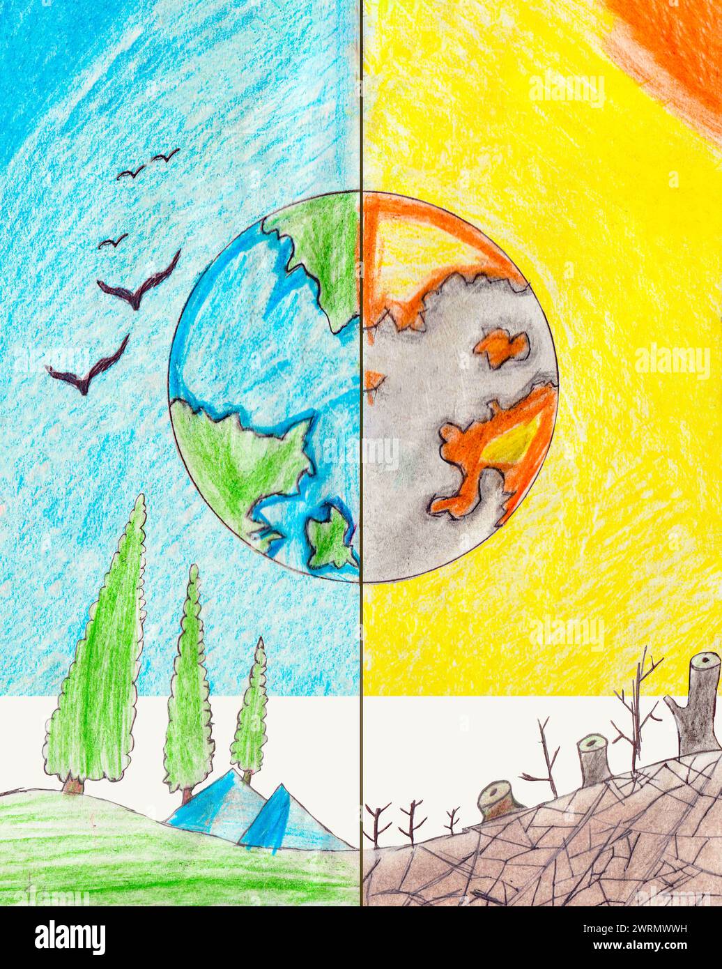 Crayon Childish Drawing for World Environment Earth Day Theme No Plastic, Grow Trees, Save Planet Foto Stock