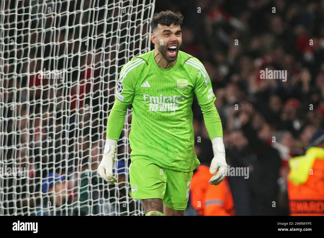 Londra, Regno Unito. 13 marzo 2024. Londra, 12 marzo 2024: Il portiere David Raya dell'Arsenal vince il rigore salta celabi durante la partita di andata e ritorno della UEFA Champions League 16 tra Arsenal e FC Porto all'Emirates Stadium di Londra, Inghilterra. (Pedro Soares/SPP) credito: SPP Sport Press Photo. /Alamy Live News Foto Stock