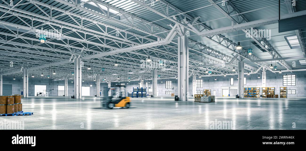 Vista grandangolare di un magazzino spazioso e ben illuminato con carrello elevatore in movimento. rendering 3d. Foto Stock