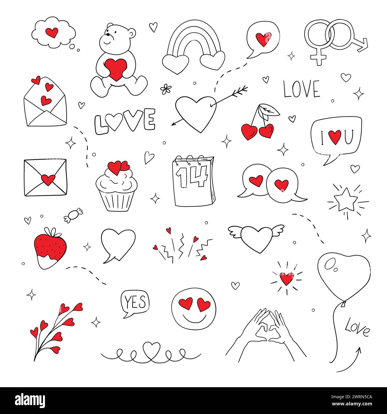 Personaggi e illustrazioni di San Valentino. Set di cartoni animati Doodles disegnati a mano con vettore di schizzo. l'amore e i cuori fanno schifo Illustrazione Vettoriale