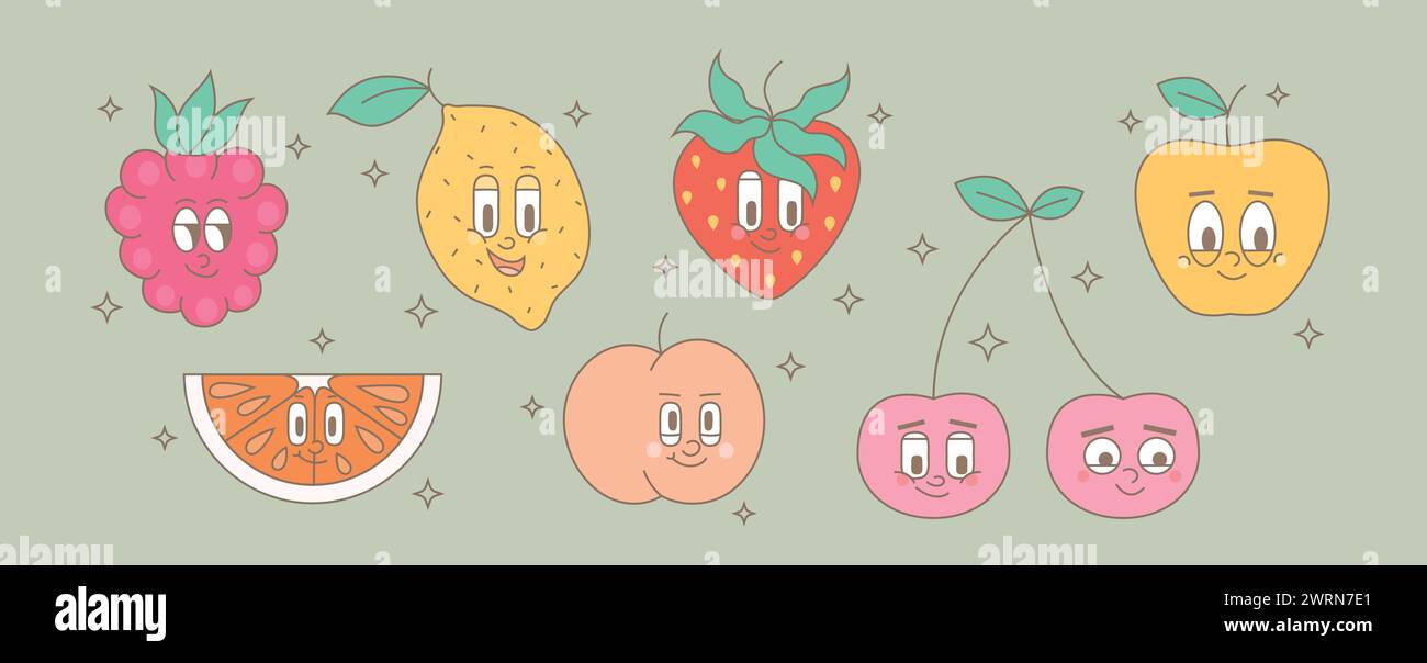 Personaggi della frutta dei cartoni animati retrò. Moderna e simpatica mascotte comica di lampone, limone, fragola, mela, ciliegia, pesca con un sorriso felice. Illustrazione Vettoriale