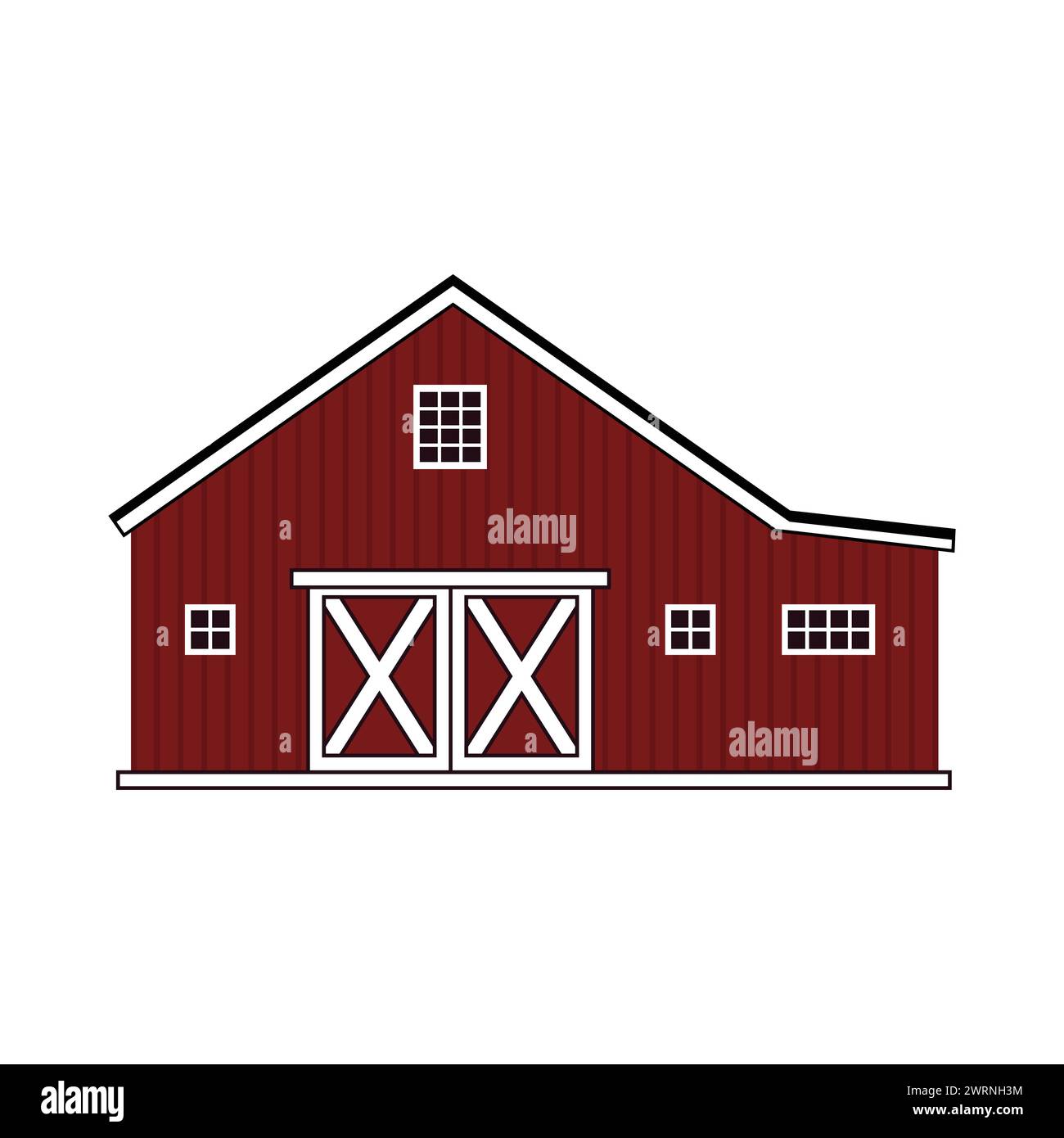Edificio americano a cartoni animati in legno rurale rosso. Illustrazione disegnata a mano isolata del profilo vettoriale su sfondo bianco, vista frontale Illustrazione Vettoriale