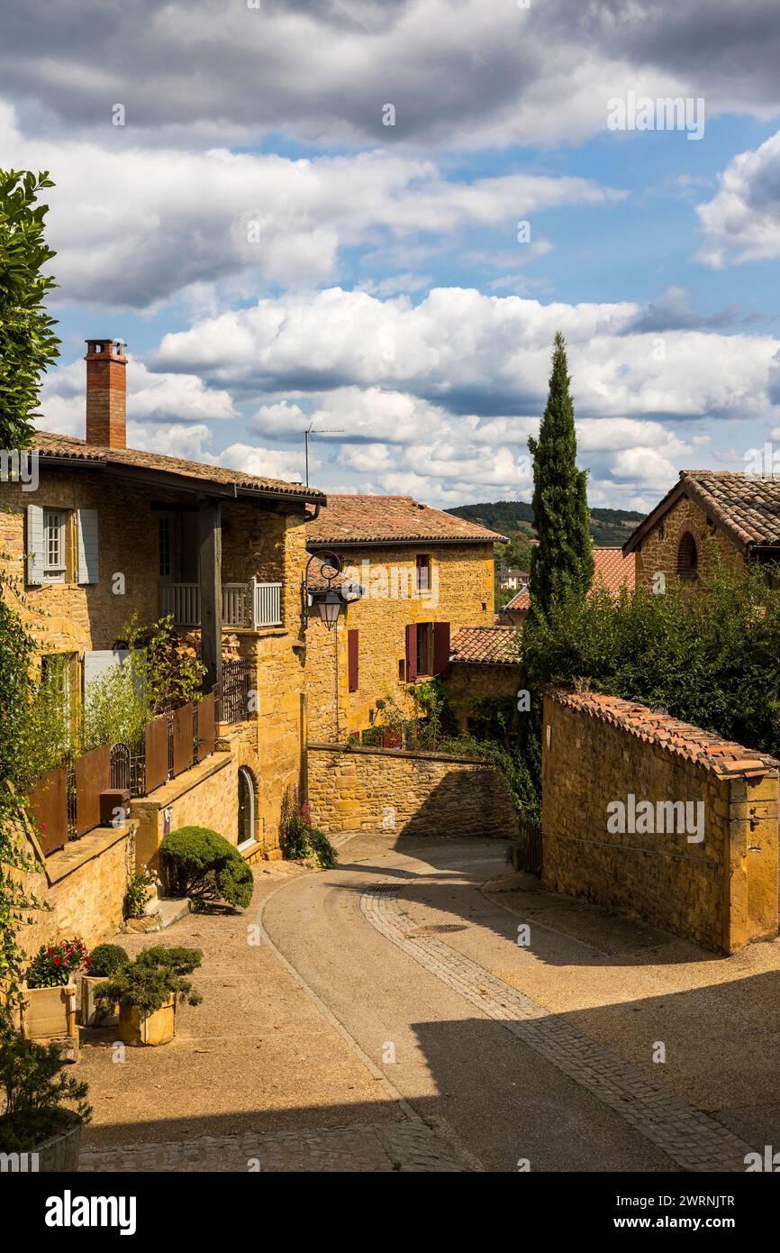 Rue et maisons en pierres dorées typique de cette région du Beaujolais dans le médiéval d’Oingt Foto Stock