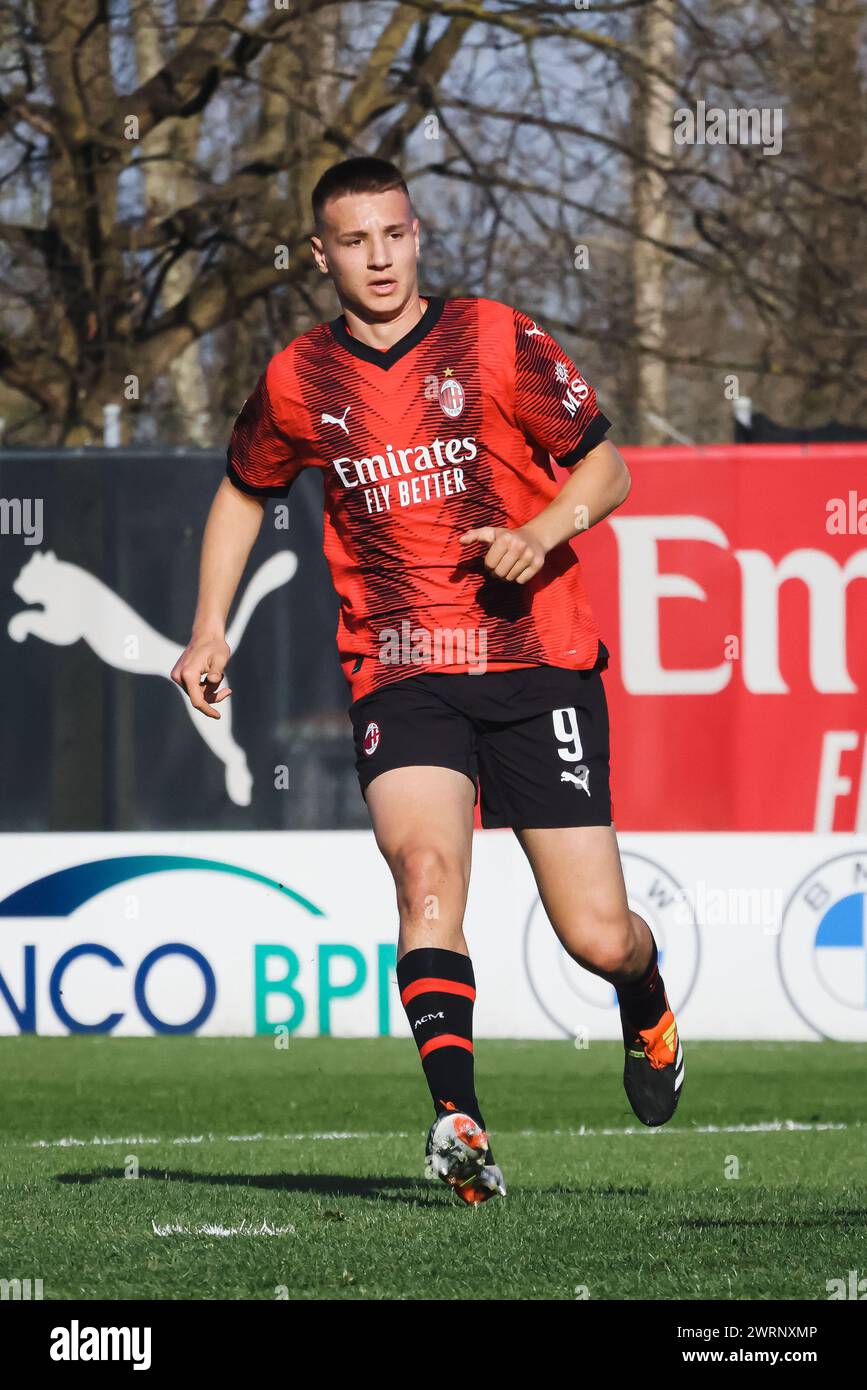 Milano, Italia. 13 marzo 2024. Milan, giocatore dell'AC Milan Francesco Camarda alla partita di Lega Giovanile Milano - Real Madrid alla Casa del calcio PUMA. Nella foto: Francesco Camarda credito: Agenzia fotografica indipendente/Alamy Live News Foto Stock