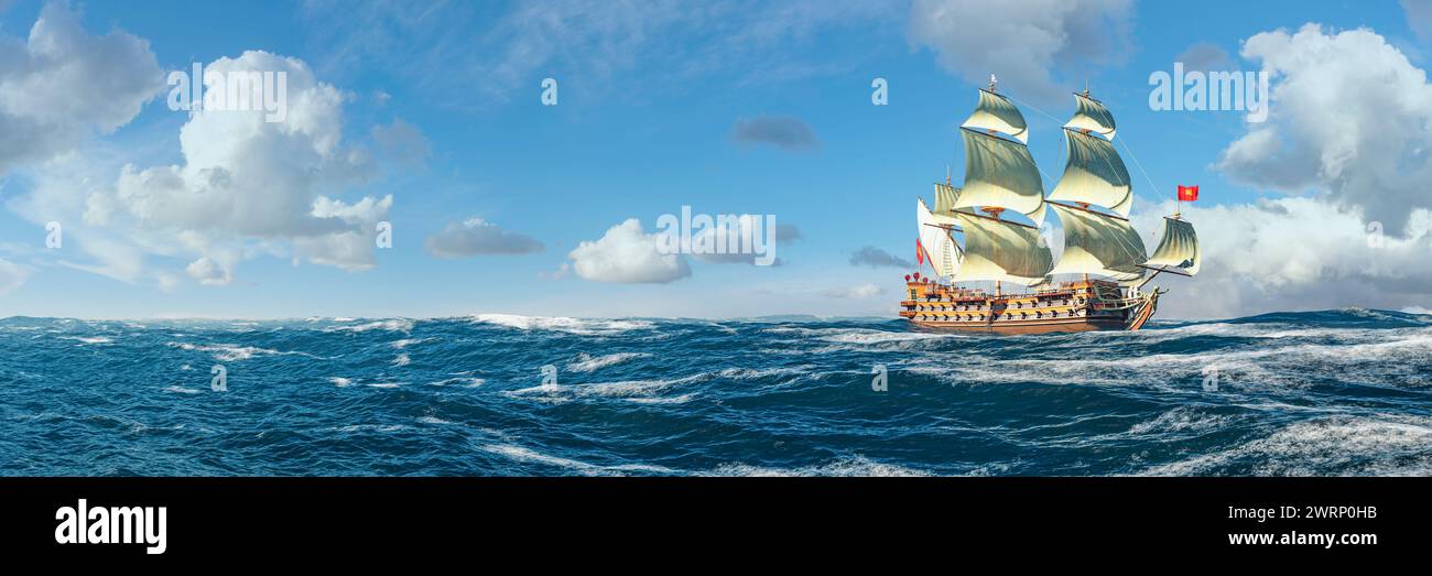 Maestosa nave a vela che parte per un viaggio attraverso il mare aperto sotto le nuvole di Cumulus Foto Stock