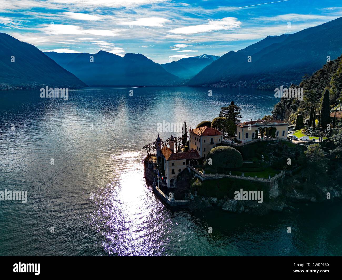 Veduta aerea della penisola di Villa Balbianello sul Lago di Como Foto Stock