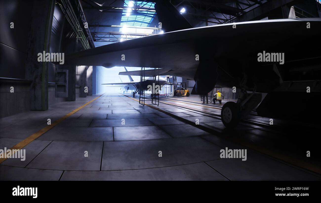 Produzione di caccia militare f 22 raptor in fabbrica. Un'arma da fabbrica militare. rendering 3d. Foto Stock