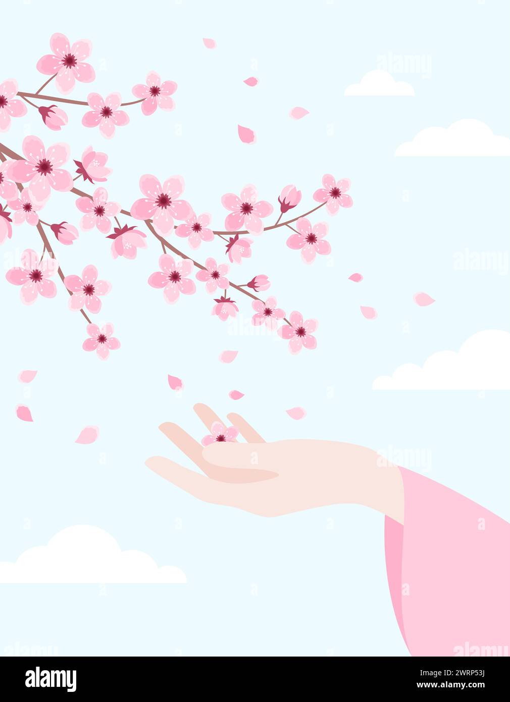 Una mano femminile con una manica lunga, palma in alto, che cattura petali cadenti sotto un ramo sakura in fiore. Illustrazione vettoriale piatta Illustrazione Vettoriale