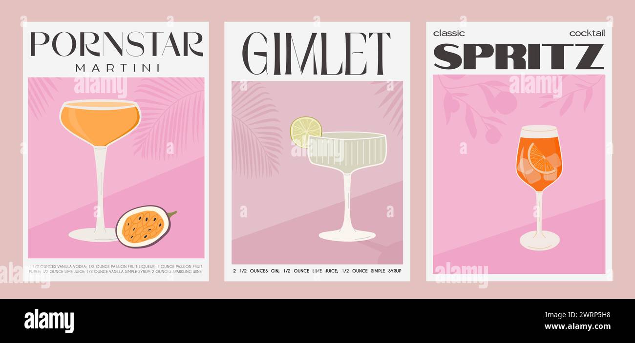 Pornostar Martini, Gimlet e Aperol Campari Spritz cocktail. Ricetta classica per bevande alcoliche. Set di stampe grafiche moderne e alla moda. Aperitivo estivo al muro Illustrazione Vettoriale