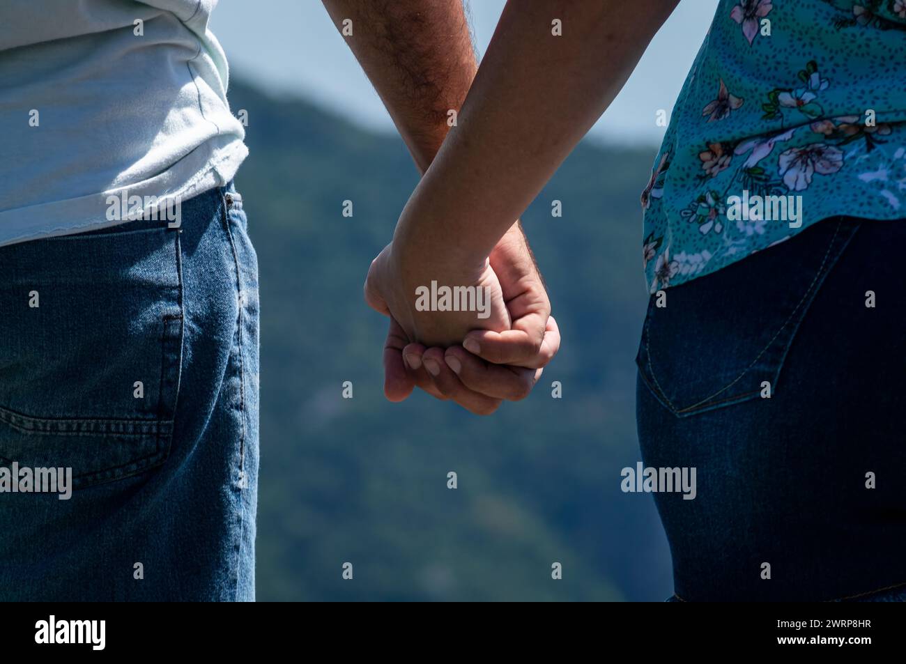 Primo piano da dietro di una coppia innamorata che tiene le mani con le dita allacciate su un'area esterna con sfondo sfocato in una giornata di sole. Foto Stock