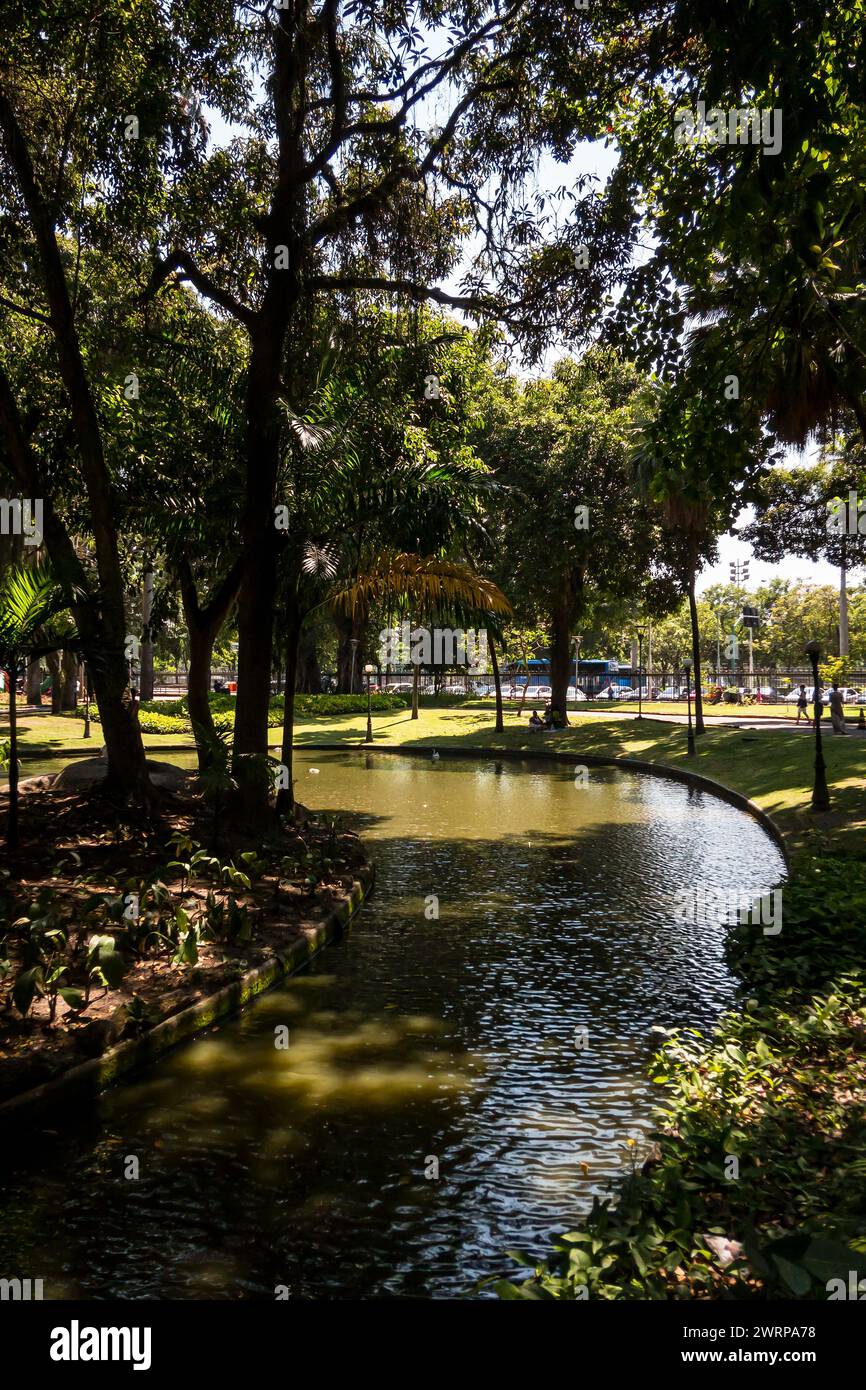 Vista sul lato est dei giardini verdi del Palazzo Catete e del parco pubblico vicino al lago principale nel quartiere Flamengo sotto il cielo azzurro soleggiato del mattino d'estate. Foto Stock