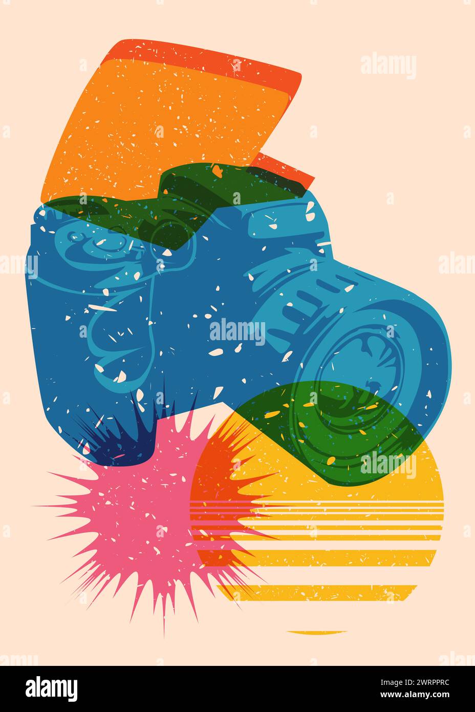 Telecamera risografica con bolla vocale con forme geometriche. Oggetti in stile texture con stampa a grafico riso di tendenza con elementi geometrici. Illustrazione Vettoriale