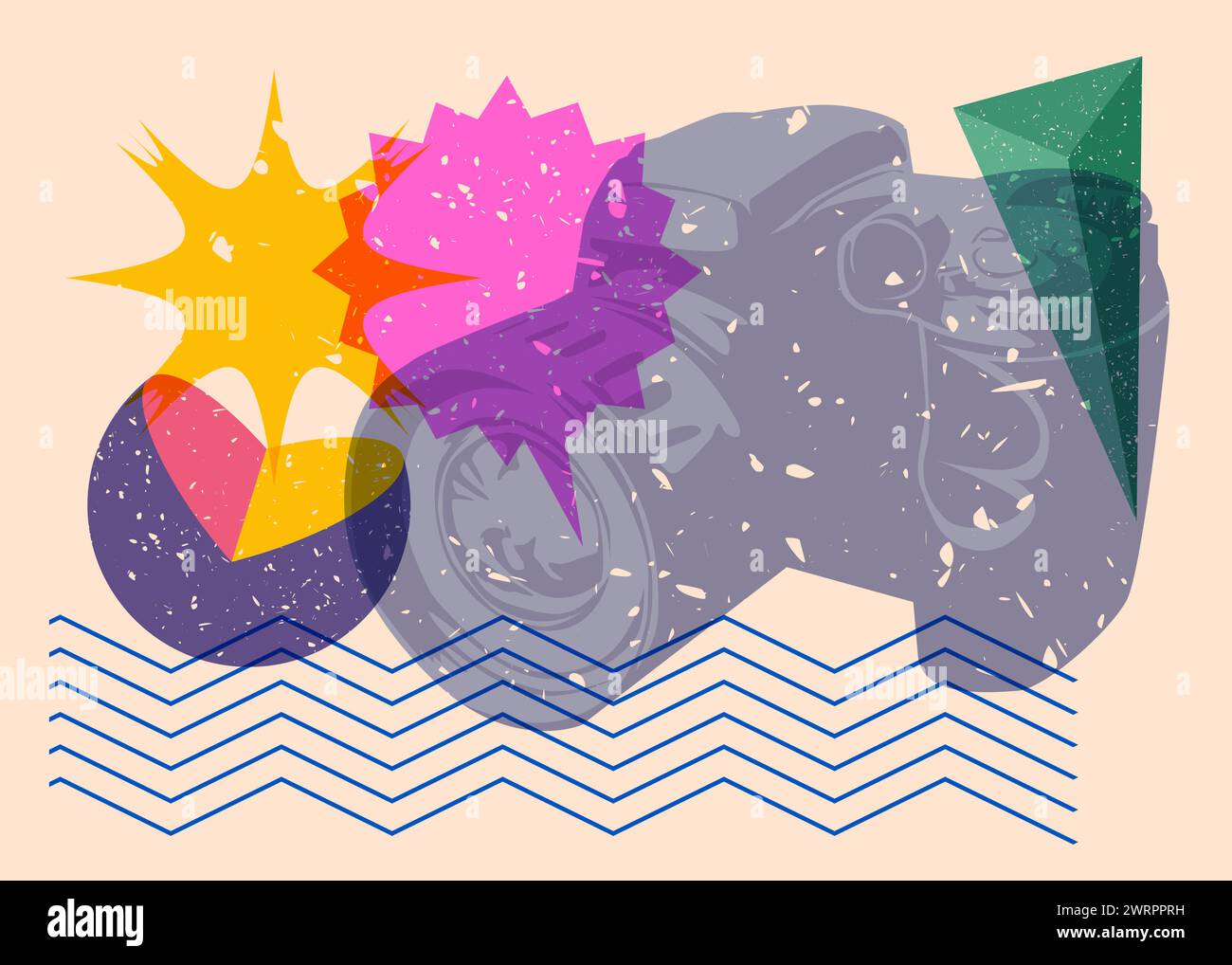 Telecamera risografica con bolla vocale con forme geometriche. Oggetti in stile texture con stampa a grafico riso di tendenza con elementi geometrici. Illustrazione Vettoriale