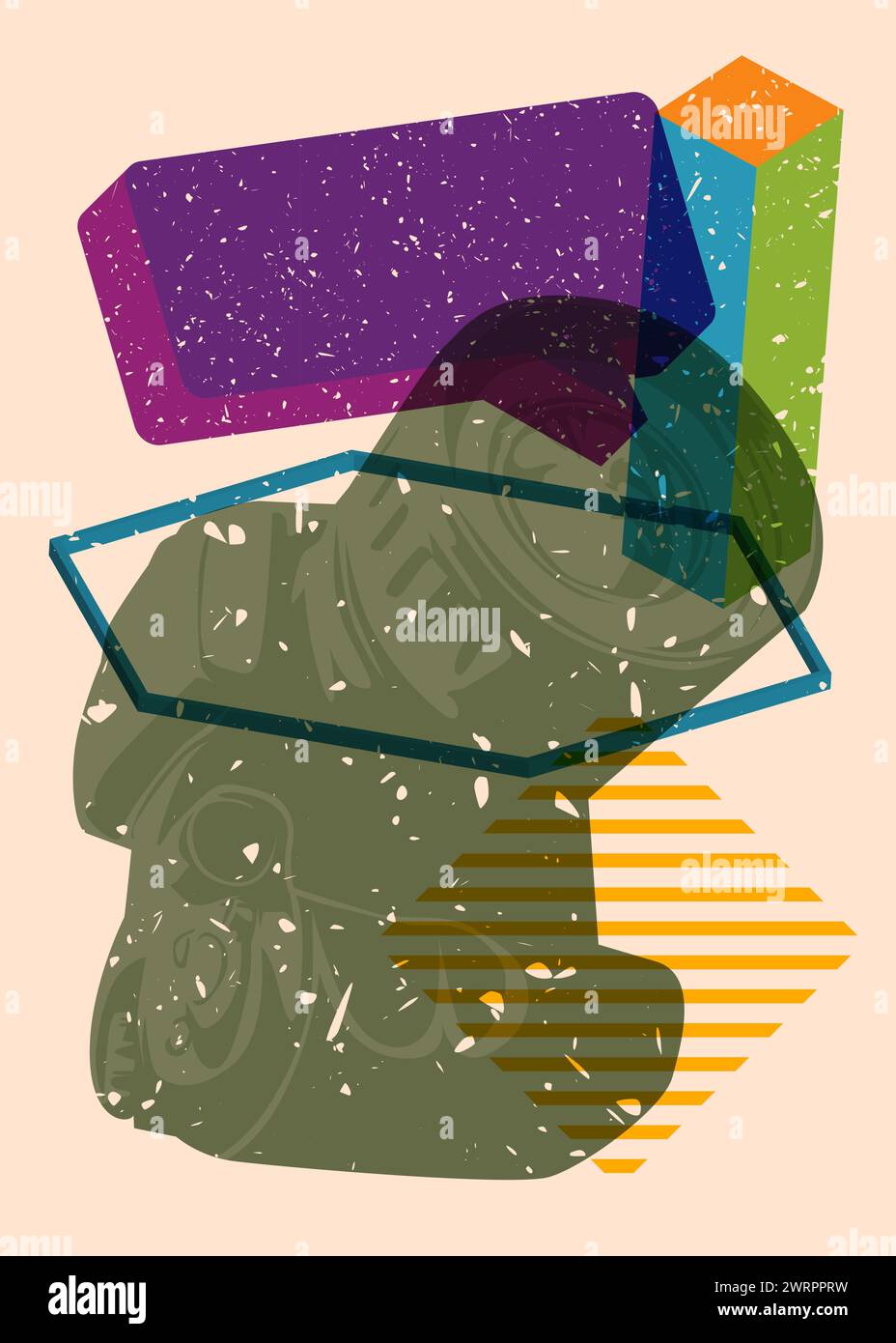 Telecamera risografica con bolla vocale con forme geometriche. Oggetti in stile texture con stampa a grafico riso di tendenza con elementi geometrici. Illustrazione Vettoriale