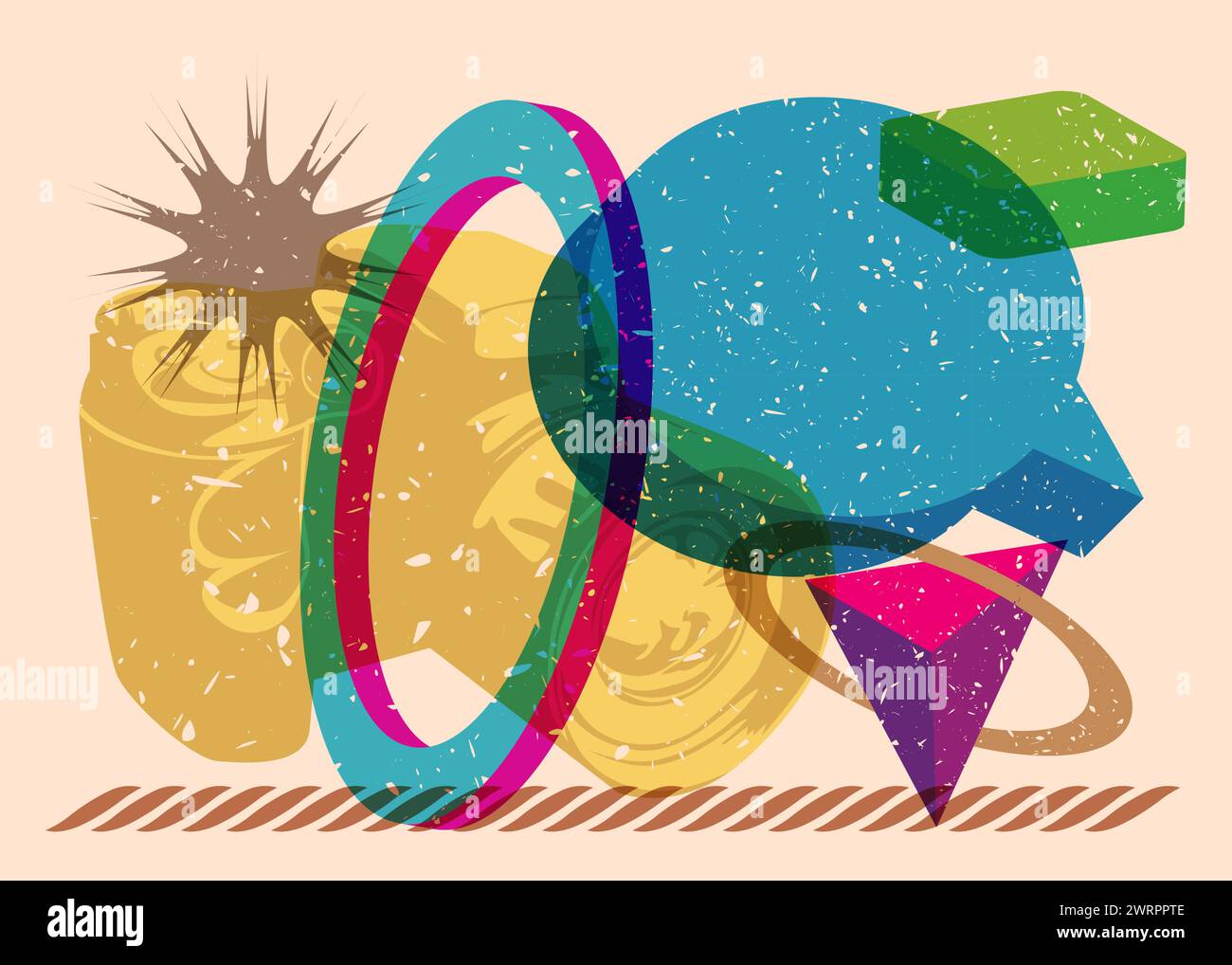 Telecamera risografica con bolla vocale con forme geometriche. Oggetti in stile texture con stampa a grafico riso di tendenza con elementi geometrici. Illustrazione Vettoriale