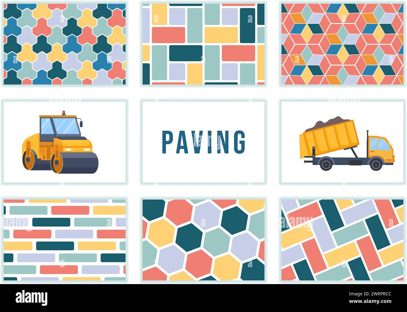 Illustrazione vettoriale pavimentazione con collezione di pavimentazioni stradali, mattoni, elementi architettonici e lastre di pietra per la realizzazione di pavimenti su sfondo piatto Illustrazione Vettoriale