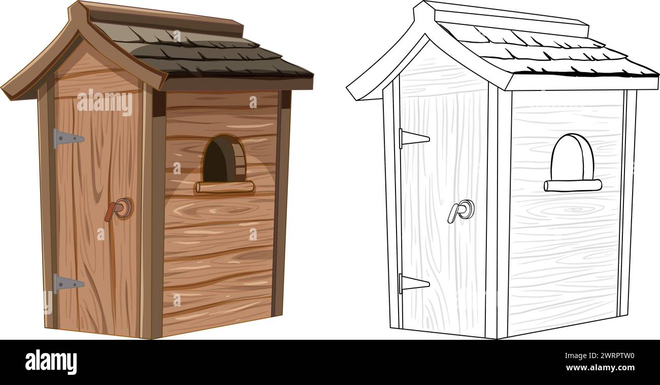 Due stili di casette per cani a cartoni animati, colorate e delineate. Illustrazione Vettoriale
