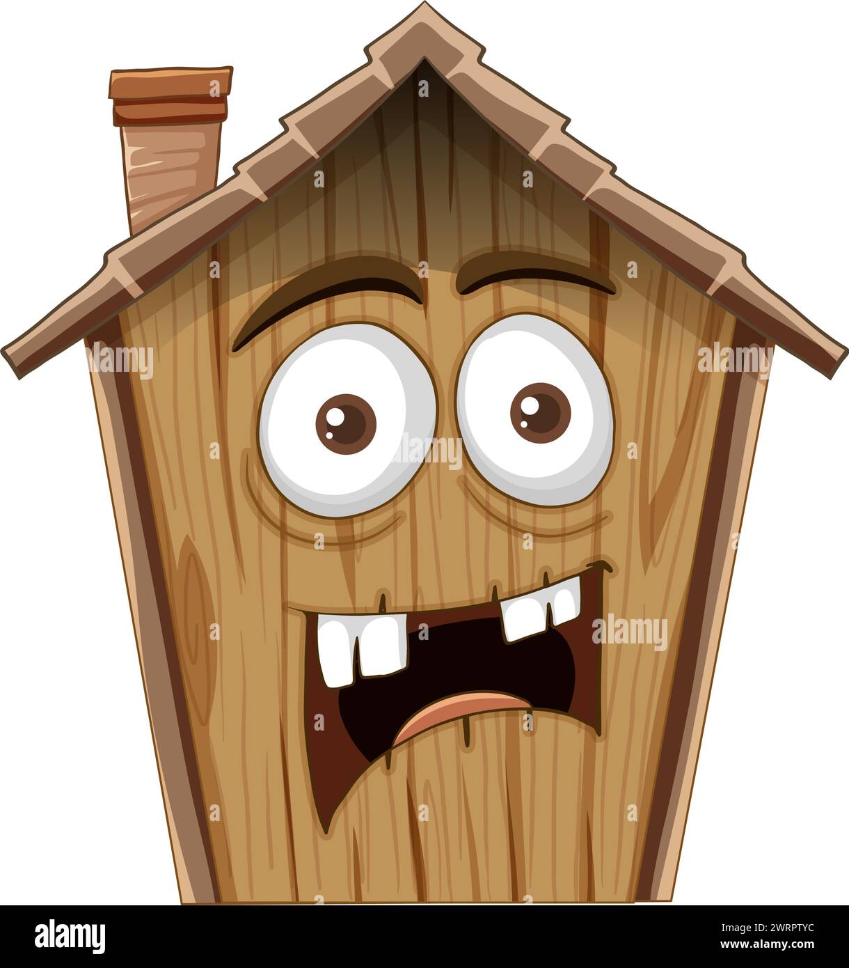 Casa animata in legno con una faccia che mostra shock. Illustrazione Vettoriale