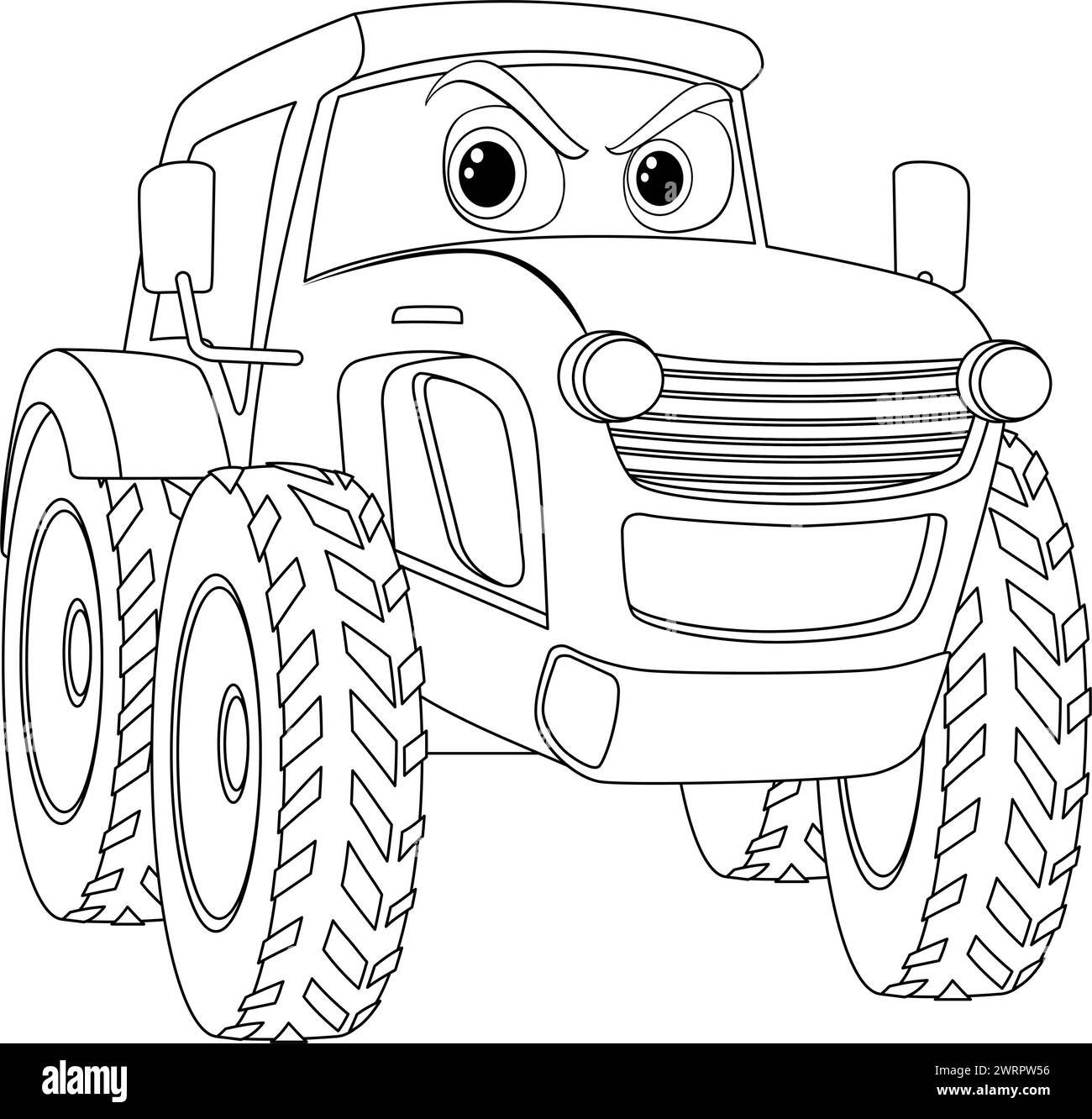 Illustrazione in bianco e nero di un trattore sorridente. Illustrazione Vettoriale