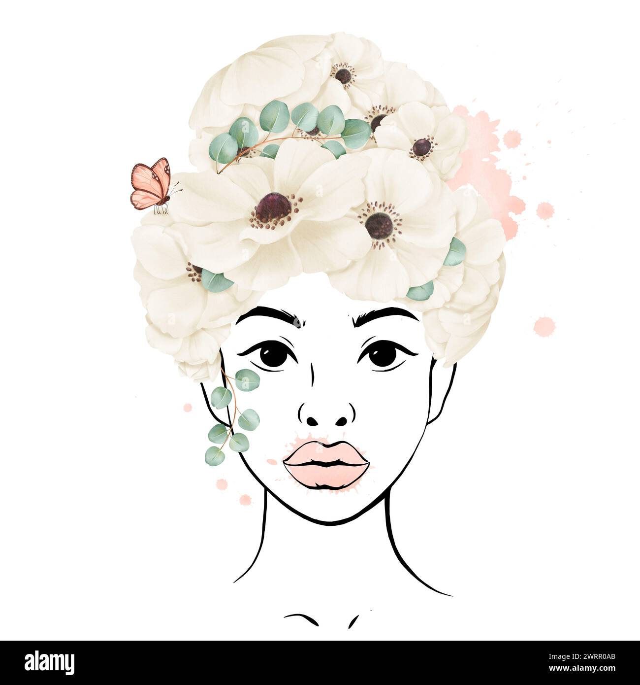 Bella giovane donna afroamericana in un ritratto lineare. La sua acconciatura con fiori di anemone bianco e farfalla. con spruzzi di acquerello. Ideale Foto Stock