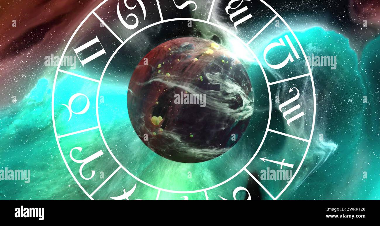 Immagine del pianeta marrone e dello zodiaco nello spazio verde e marrone con fumo Foto Stock