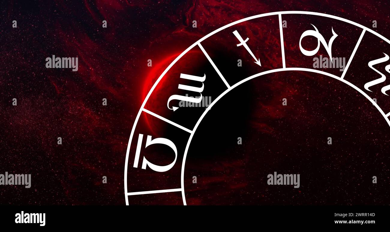 Immagine del pianeta rosso e zodiaco nello spazio nero con fumo Foto Stock