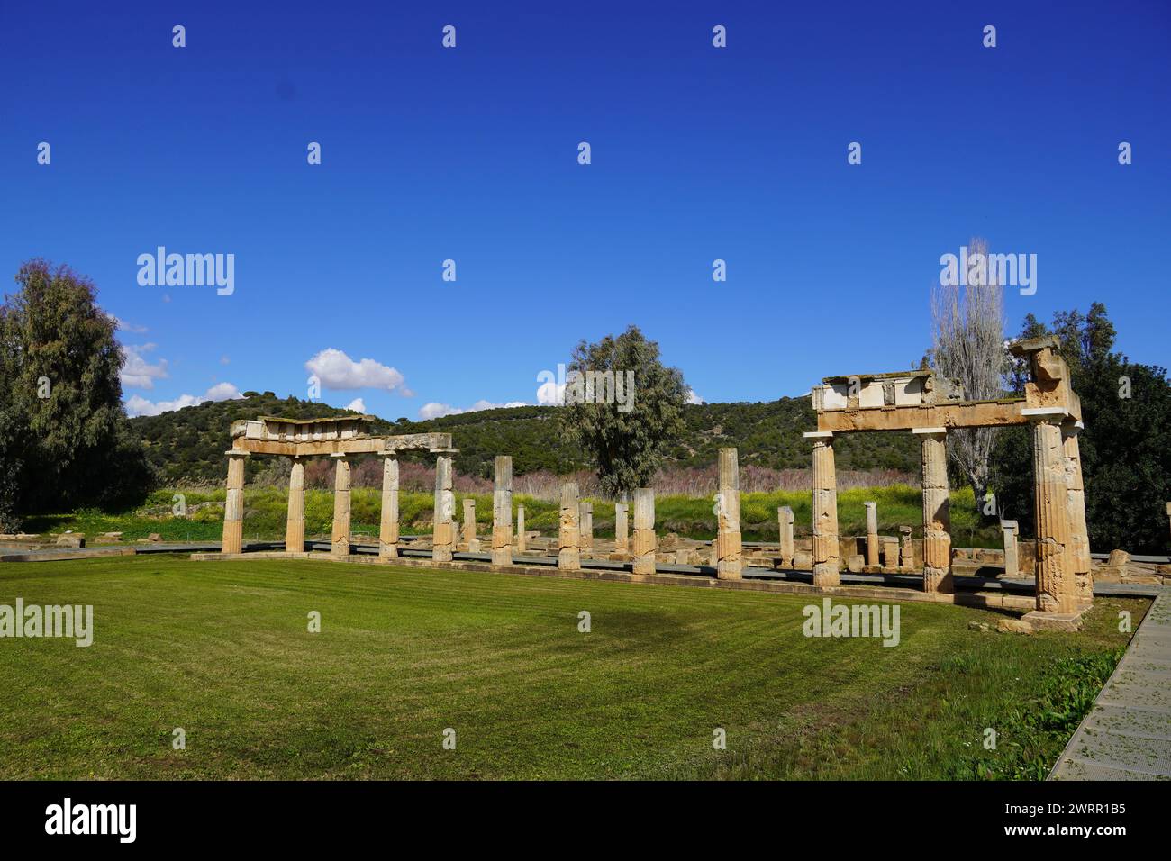 L'antico santuario di Artemide. Colonne della galleria o stoa prima del tempio, a Brauron o Vravrona, Attica, Grecia Foto Stock