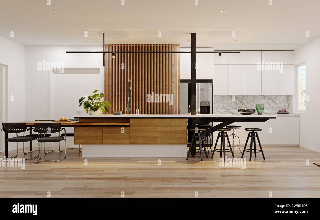 Cucina moderna con interni. Il rendering 3D design concept Foto Stock