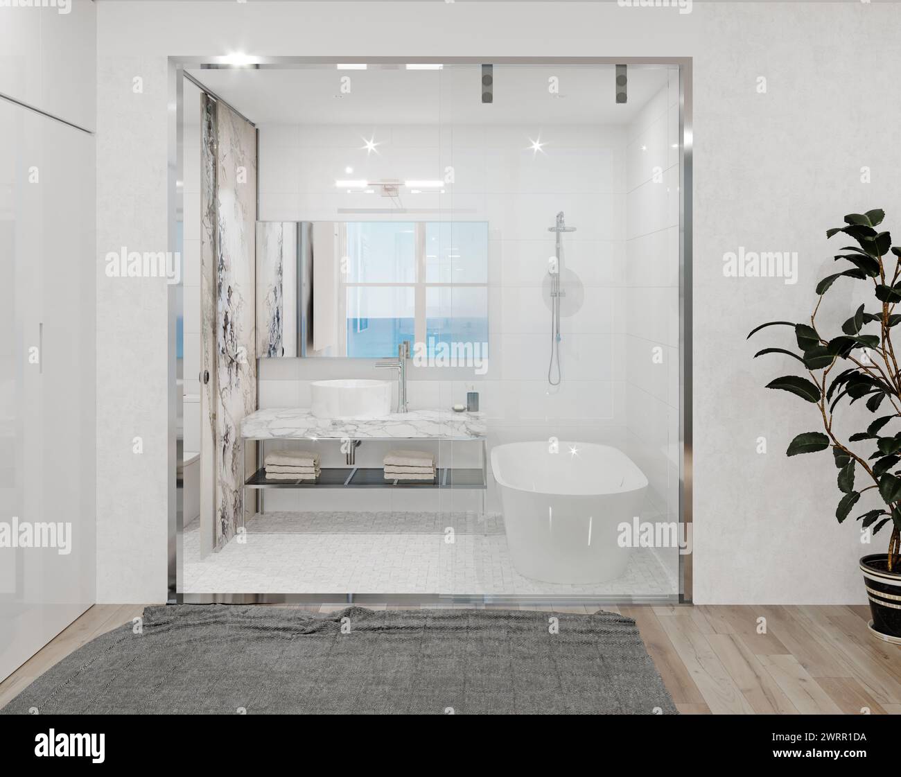 Bagno moderno interno. Il rendering 3D design concept Foto Stock