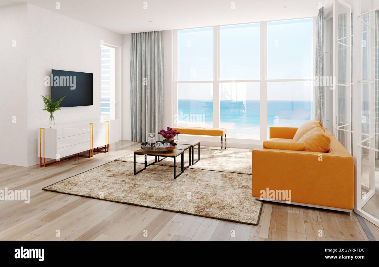 Moderno soggiorno vista mare interno. Il rendering 3D design concept Foto Stock