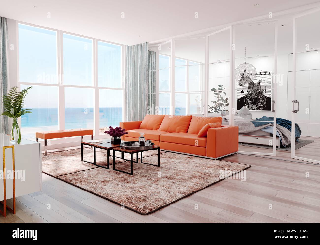 Moderno soggiorno vista mare interno. Il rendering 3D design concept Foto Stock