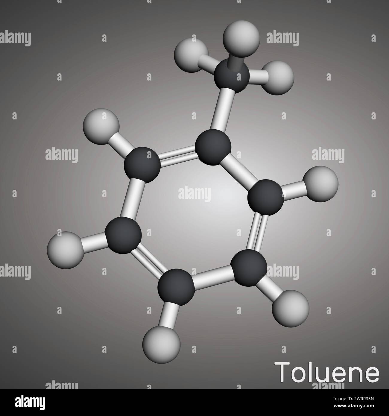 Toluene, molecola di toluolo C7H8. Metilbenzene, idrocarburi aromatici. Modello molecolare. Rendering 3D. Illustrazione Foto Stock