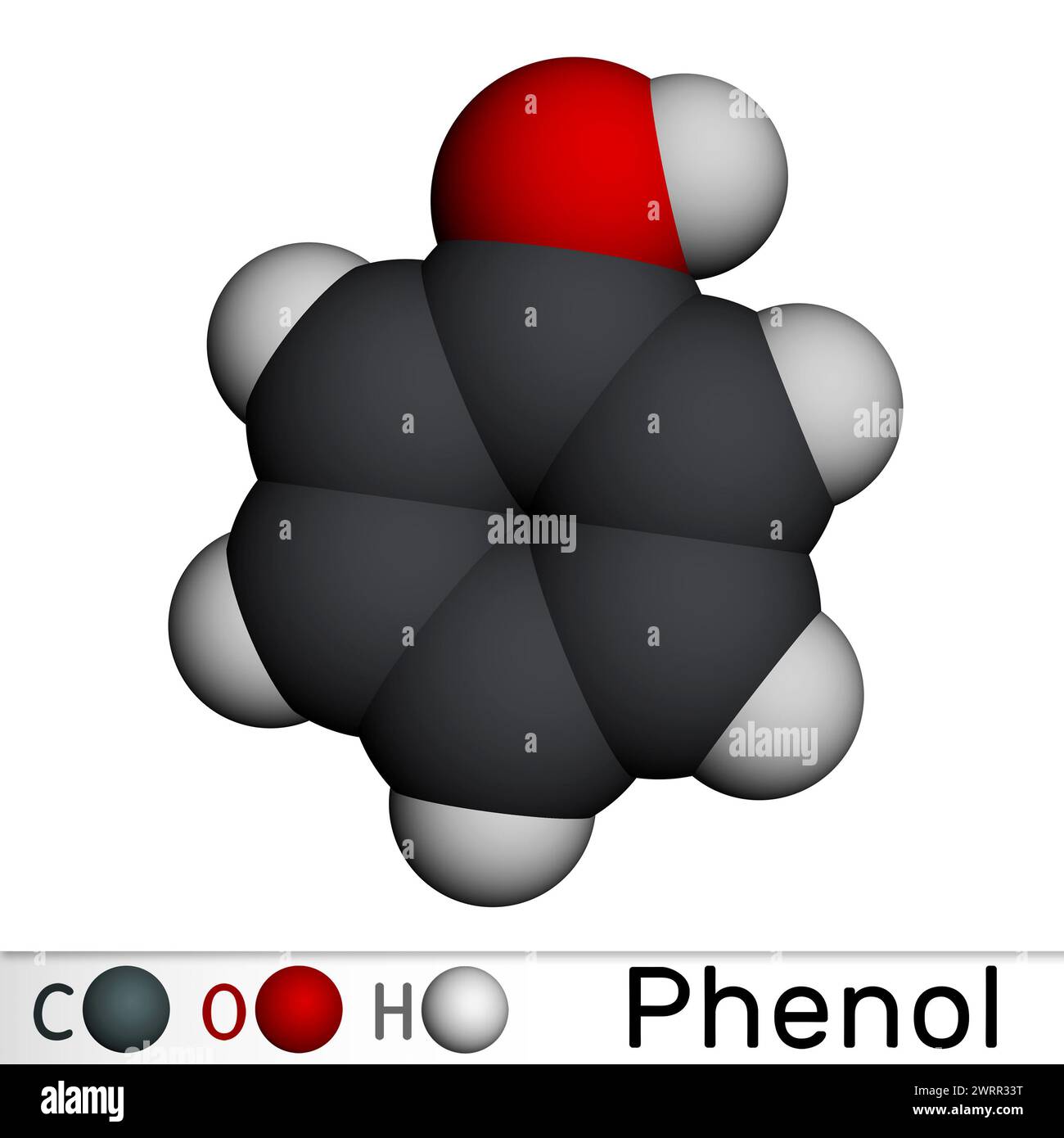 Fenolo, molecola di acido carbolico. Modello molecolare. Rendering 3D. Illustrazione Foto Stock