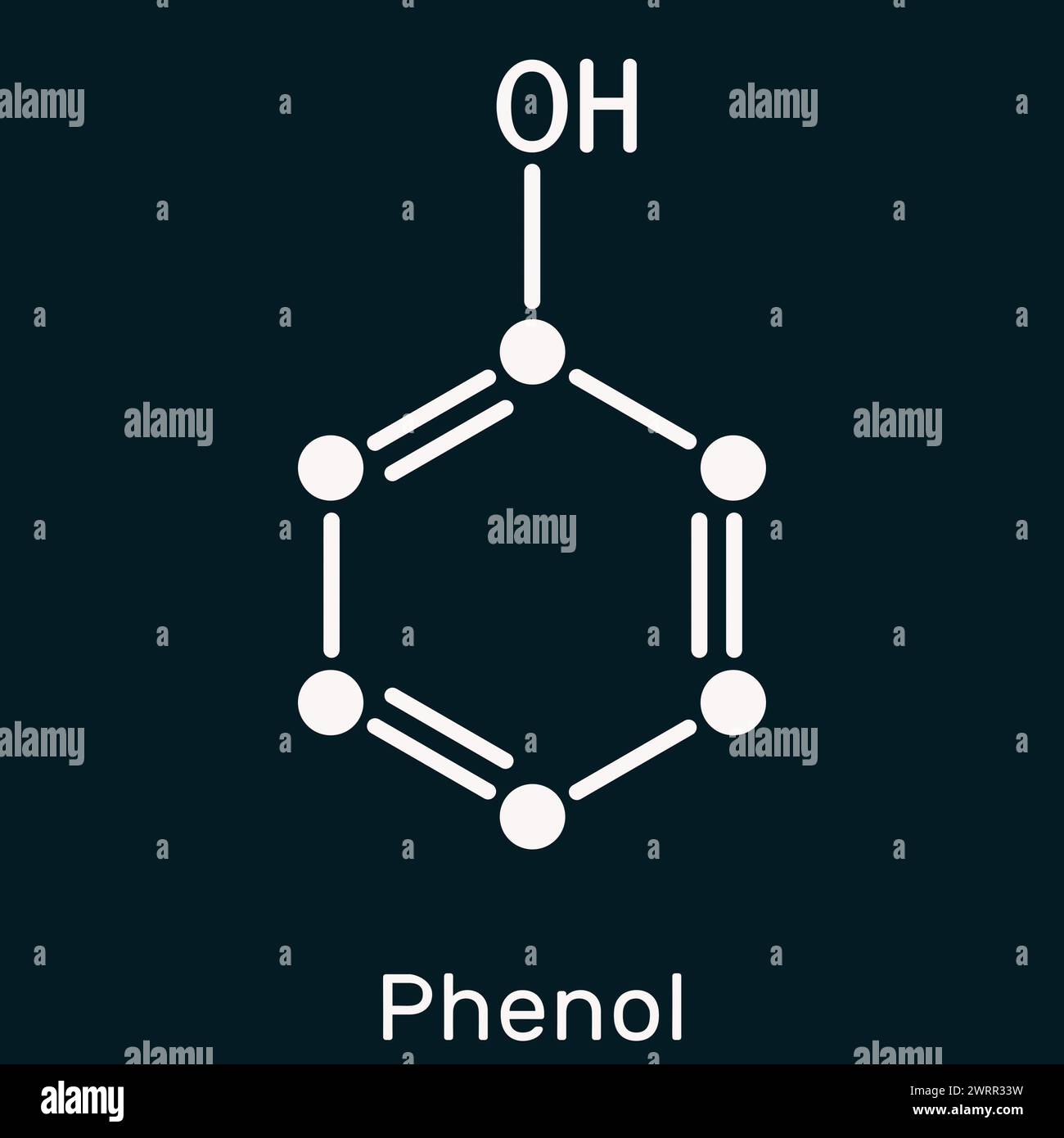 Fenolo, molecola di acido carbolico. Formula chimica scheletrica su sfondo blu scuro. Illustrazione Foto Stock