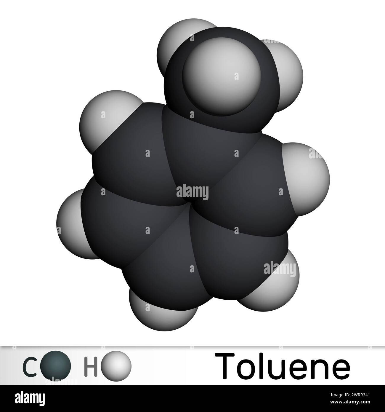 Toluene, molecola di toluolo C7H8. Metilbenzene, idrocarburi aromatici. Modello molecolare. Rendering 3D. Illustrazione Foto Stock
